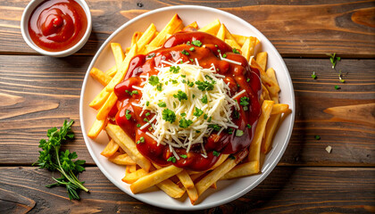 Canadian poutine on wooden background