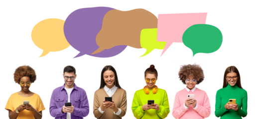 Diverse group of people using phones with colorful speech bubbles representing social communication