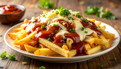 Canadian poutine on wooden background