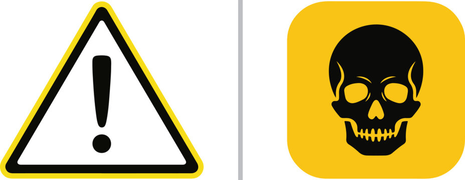 A dual-panel safety graphic featuring a classic yellow warning triangle with an exclamation mark on the left and a black human skull on a rounded yellow square on the right.