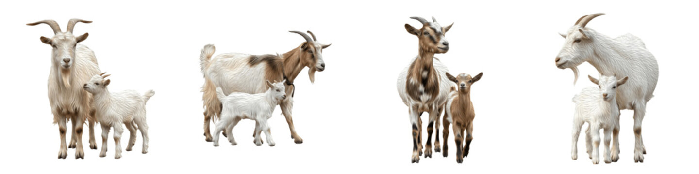 Set of Domestic Goat (Capra hircus) with Kid in Standing and Walking Poses, Farm Animal Mother and Baby Pair, Livestock and Rural Nature Illustration, isolated on white transparent PNG background