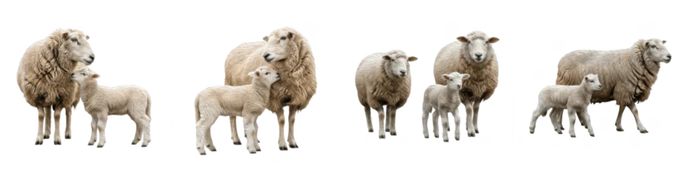 Fotobehang Schapen Set/Collection of Sheep with Lambs, Adult Sheep and Baby Lambs Grazing and Playing, Cute Farm and Pasture Animals, Isolated on White Transparent PNG Background  © modiraterr