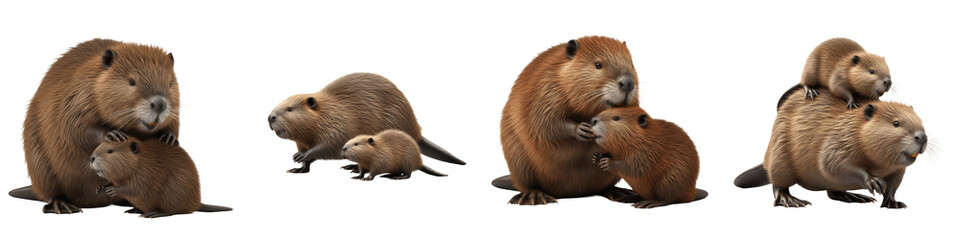 Fototapeta premium Set/Collection of Beavers with Kits, Adult and Baby Beavers in Natural Pose, Cute Woodland Mammals, Wildlife and Nature, Isolated on White Transparent PNG Background