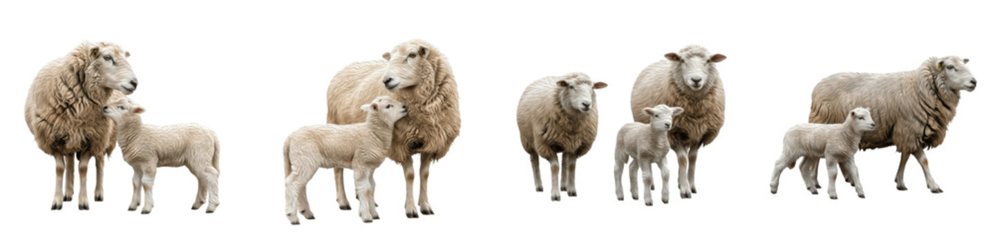 Set/Collection of Sheep with Lambs, Adult Sheep and Baby Lambs Grazing and Playing, Cute Farm and Pasture Animals, Isolated on White Transparent PNG Background