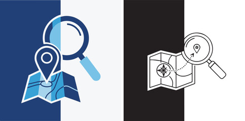 Clean vector graphics showcasing navigation concepts through folded maps, location pins, and magnifying glasses in both vibrant blue and professional black-and-white line art styles.