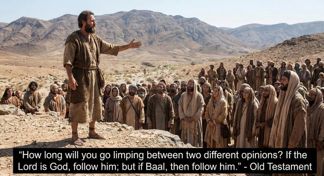 Elijah the Prophet speaks to the people in the ancient landscape of Israel urging them to choose their God
