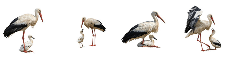 Set/Collection of White Storks with Baby Chick, Adult and Young Storks in Natural Pose, Elegant Birds, Wildlife and Nature, Isolated on White Transparent PNG Background © Oor