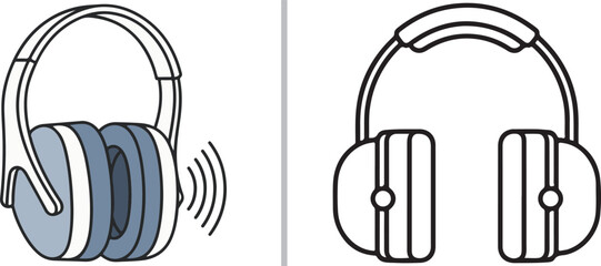 Vector illustrations of over-ear headphones in two styles: a blue-tinted 3D perspective with sound waves and a classic black-and-white flat outline.