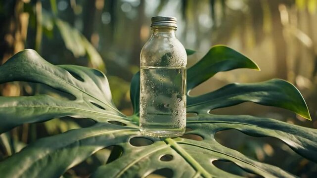 Clear liquid in glass bottle sits on large green monstera leaf in lush tropical rainforest jungle with sunlight dappling.