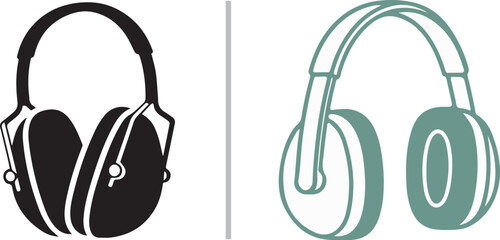 Two minimalist vector illustrations of over-ear headphones side-by-side. The left is a solid black silhouette; the right is a teal-green line-art style with soft shading.