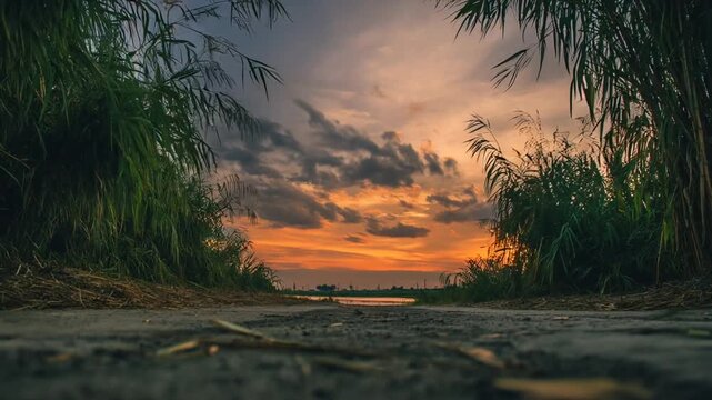 Low-angle view of a dirt path leading towards a sunset with vibrant orange and purple hues