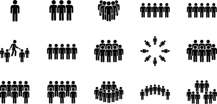 Large collection of black human pictograms and crowd silhouettes in various group formations and arrangements for social concepts.