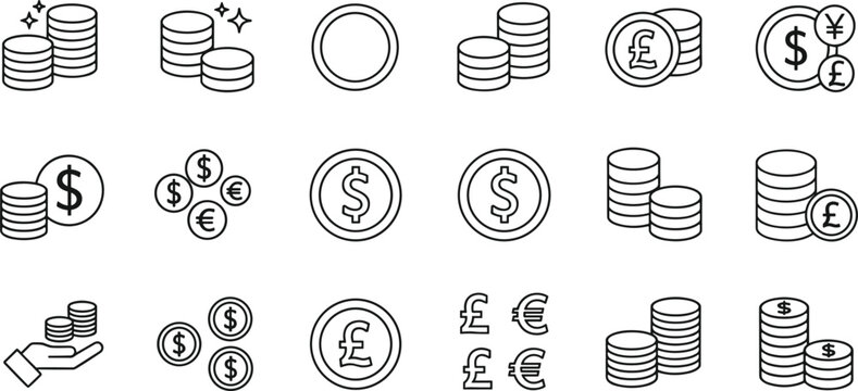 Minimal line icons of money coins stacks currencies symbols including dollar euro pound yen finance set collection outline