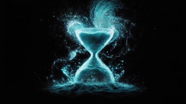 Illuminated hourglass with glowing blue sand, particle effect against a stark black background