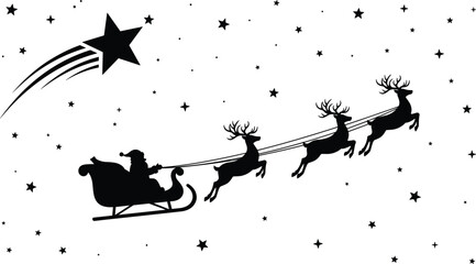 Christmas Silhouette Featuring Santa Claus in Sleigh with Reindeer Flying Across Starry Night Sky with Shooting Star, Winter Holiday Vector,