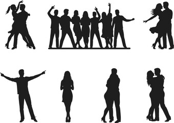 Dancing couples and group silhouettes expressing love celebration movement party social lifestyle romance event vector illustration set