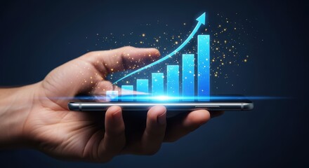 Hand holding a smartphone displaying a glowing blue bar chart showing upward trajectory on a dark background