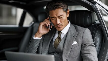 Asian businessman in gray suit talking on phone in car with laptop open, business concept