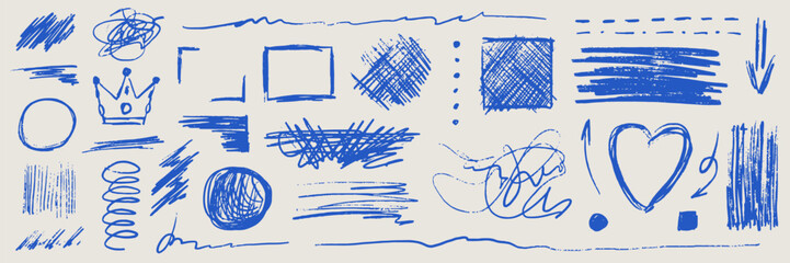Messy pen scribble set. Pack of blue squiggle pencil lines, doodles, frames, scratch elements. Pack of freehand signs for designs. Isolated vector illustration on beige background