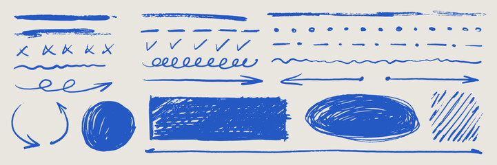 Messy pen scribble pack. Scratch elements, icons of blue dotted pencil lines, doodles, arrows. Set of freehand signs for designs. Isolated vector illustration on beige background