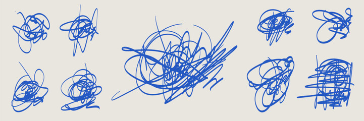 Messy pen scratch pack. Random tangled circle texture. Blue scribble elements. Freehand squiggle chaotic doodles for graphic designs. Isolated vector illustration on beige background