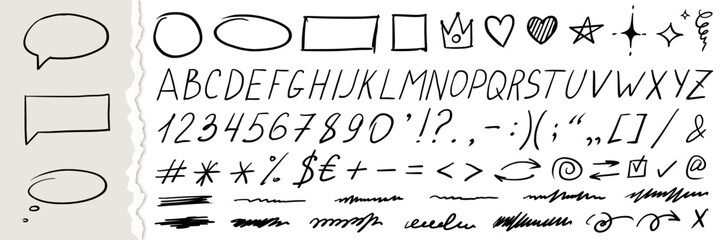 Messy pen scribble set. Black pencil doodles, lines, handwriting font, childish numbers and typography symbols. Pack of freehand icons for designs. Isolated vector illustration on white background