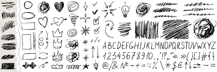 Messy pen scribble icons. Set of black pencil lines, doodles, handwriting letters, numbers, typography symbols. Pack of freehand signs for designs. Isolated vector illustration on white background