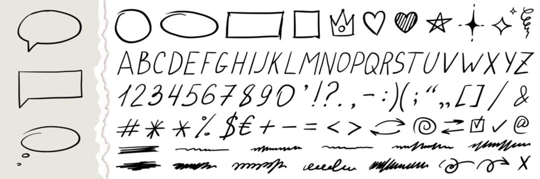 Messy pen scribble set. Black pencil doodles, lines, handwriting font, childish numbers and typography symbols. Pack of freehand icons for designs. Isolated vector illustration on white background