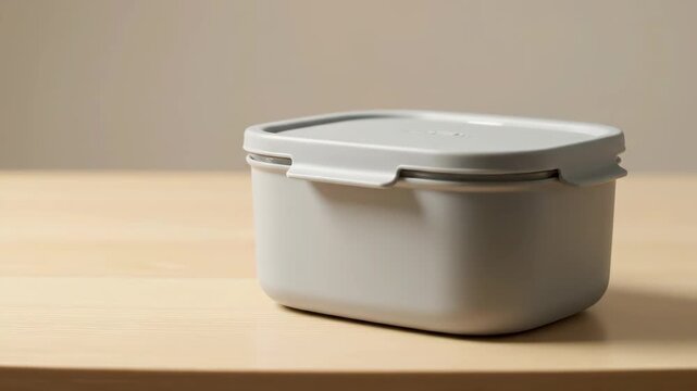 A closed light gray rectangular plastic food container with a lid and clips sits on a light brown wooden table