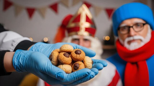 Sinterklaas and Zwarte Piet offer cookies held in gloved hands