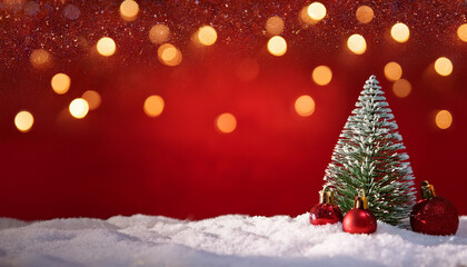 Obraz premium Red Snow Background With Pine And Glowing Christmas Lights And Baubles