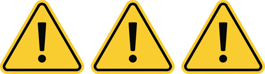 Three yellow triangle warning signs with black exclamation marks isolated on white background for safety alert and caution notifications.