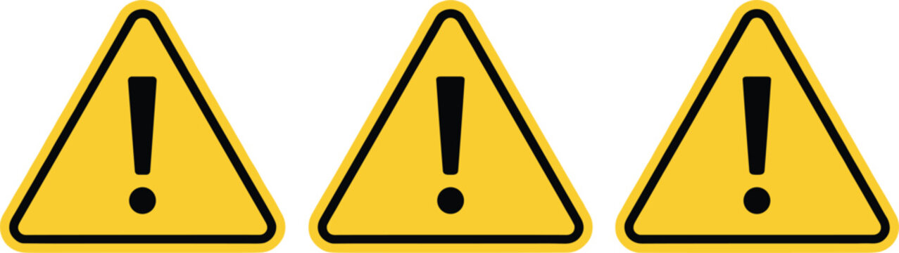 Three yellow triangle warning signs with black exclamation marks isolated on white background for safety alert and caution notifications.