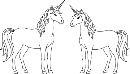 Two mystical unicorns standing together in a simple black and white line art style for children coloring book. © S O H A G