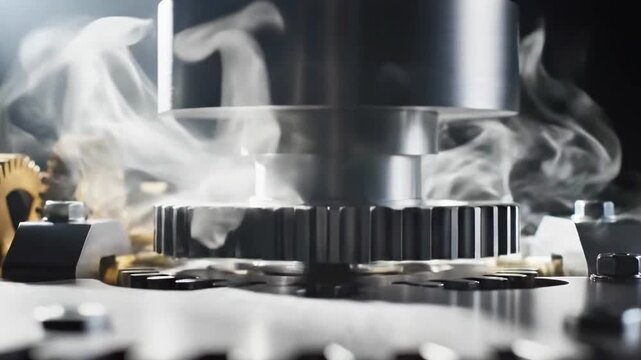 A close-up view of interlocking gears and mechanical components on a metallic surface with a large cylindrical piece above and a blurred background
