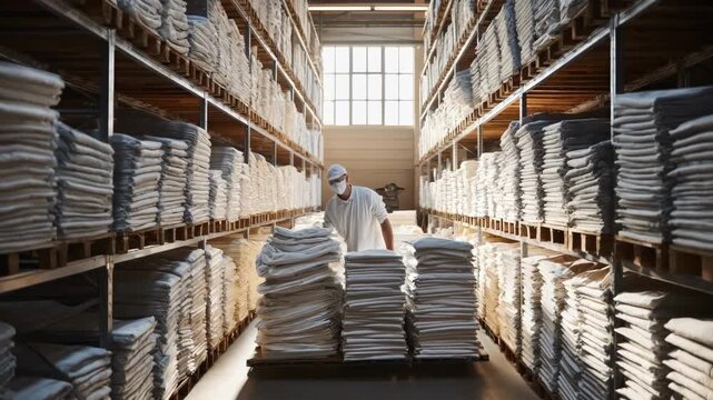 Medium shot of a worker organizing folded linen in a bright warehouse highlighting efficiency of biweekly linen subscription restocking