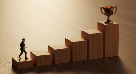 Miniature businessman walking up rising wooden steps toward a golden success trophy