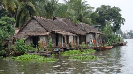 Obraz premium Resilient Minimal Environment with Traditional Houses by Water in Green Landscape