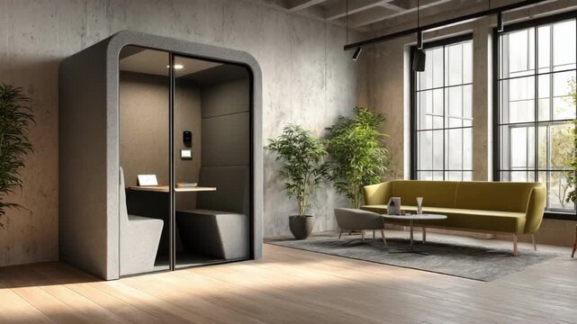Medium shot of a sleek confessional booth equipped with advanced noisecanceling sound masking devices ensuring crystal clear speech privacy in a modern office setting.