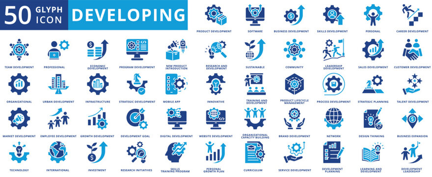 Developing icon set flat containing product, development, software, business, skills, personal, career, team, organizational, market, technology, professional, economic, program, new product