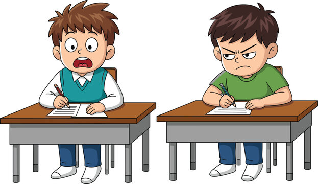 Cartoon school boys taking exam, stressed and angry student expressions, classroom test situation, education concept illustration, isolated white background