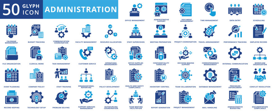 Administration icon set flat containing office, management, administrative, support, document, time, data entry, scheduling, file organization, event planning, record keeping, budget tracking