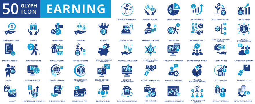 Earning icon set flat containing revenue generation, income stream, profit margin, sales growth, investment, capital gain, financial return, report, wage, salary, bonus, fee, commission, dividend