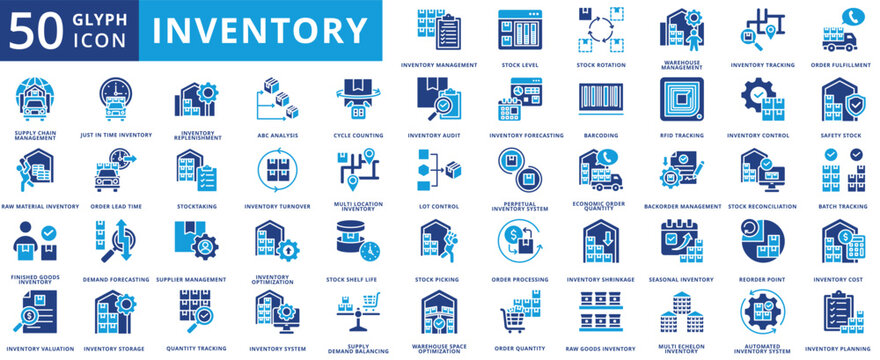 Inventory icon set flat containing management, stock level, rotation, warehouse, tracking, order fulfillment, supply chain, raw material, finished goods, valuation, just in time, replenishment