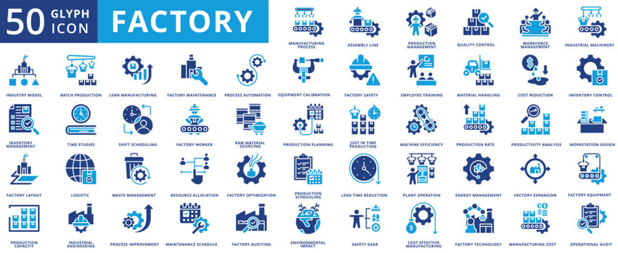 Manufacture icon set flat containing process, assembly line, production, management, quality control, workforce, industrial machinery, industry model, inventory, layout, capacity, batch production