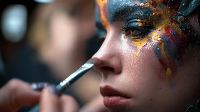 Medium shot highlighting a bold avantgarde makeup application process with diffused background elements suggesting a dynamic cosmetology contest atmosphere.