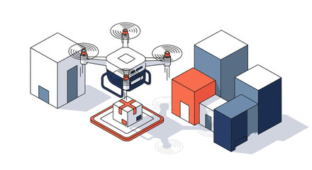 Drone delivering package to a designated location modern delivery concept.