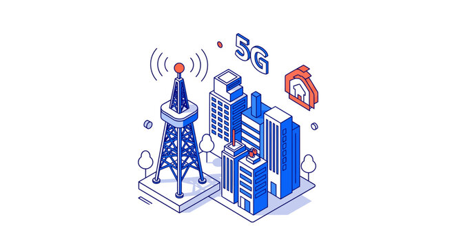 Modern 5G technology tower transmitting data to city buildings for fast internet.