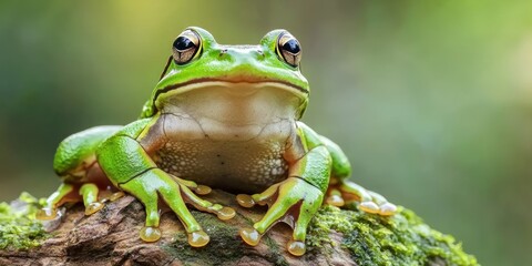  vibrant green frog perched on a mossy log, showcasing its striking features against a blurred natural background.