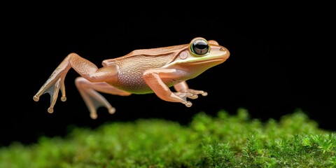 vibrant frog leaps gracefully over lush green moss against a dark background, showcasing its beautiful colors and dynamic movement.
